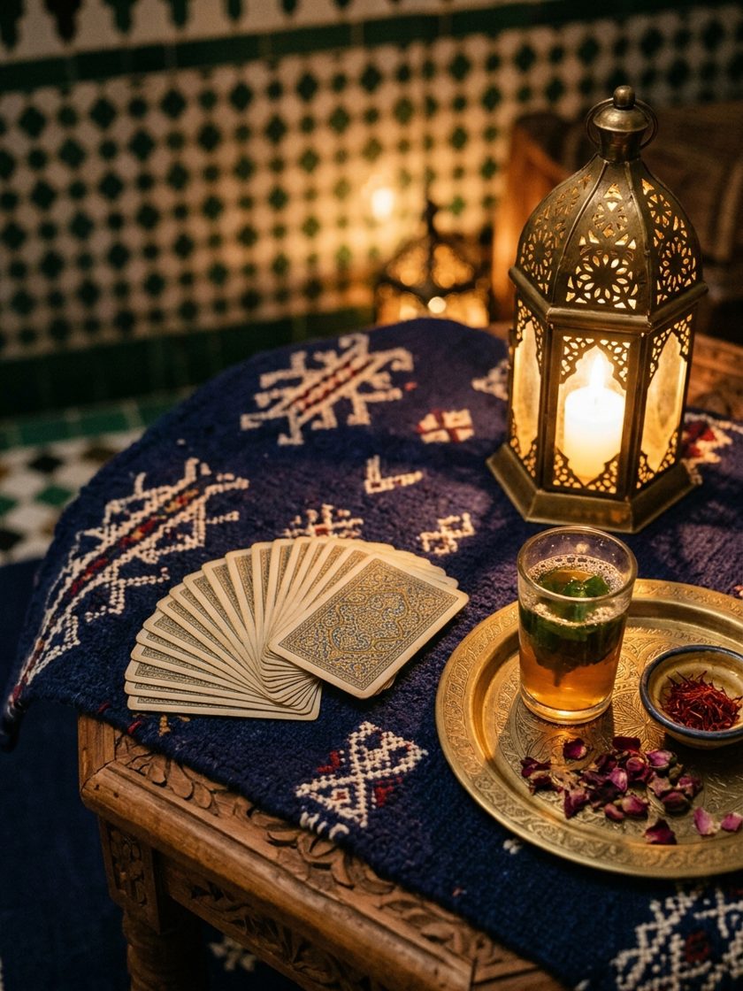 Cartes à jouer en éventail, lanterne marocaine en laiton et verre de thé à la menthe sur un tapis berbère