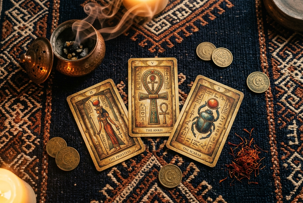Cartes de tarot égyptien sur kilim berbère